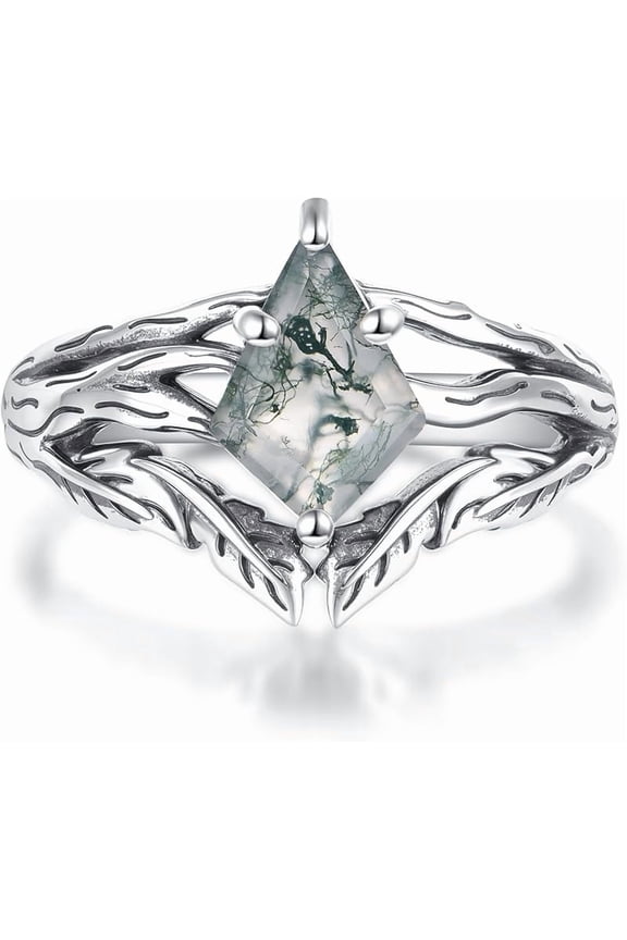 Black Oxidation Branch Rectangle/Hexagon/Kite/Pear Moss Agate Ring for Women 925 Sterling Silver Retro Green Stone Promise Ring with Vine Leaf Vintage for Wife women