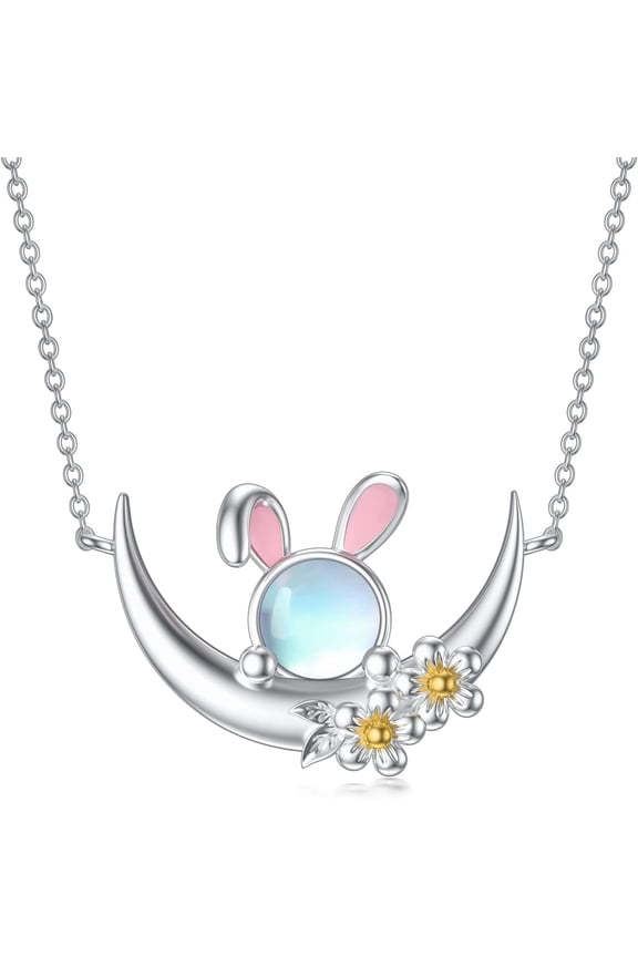Bunny Necklace Sterling Silver Moonstone Pendant Dangle Crescent Moon Rabbit Necklace Jewelry for Women Mom Lover