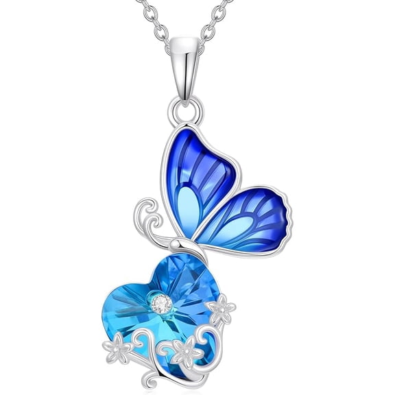 THOYAS Butterfly Necklace Sterling Silver Dainty Butterfly Heart Crystal Pendant Necklace Jewelry for Women