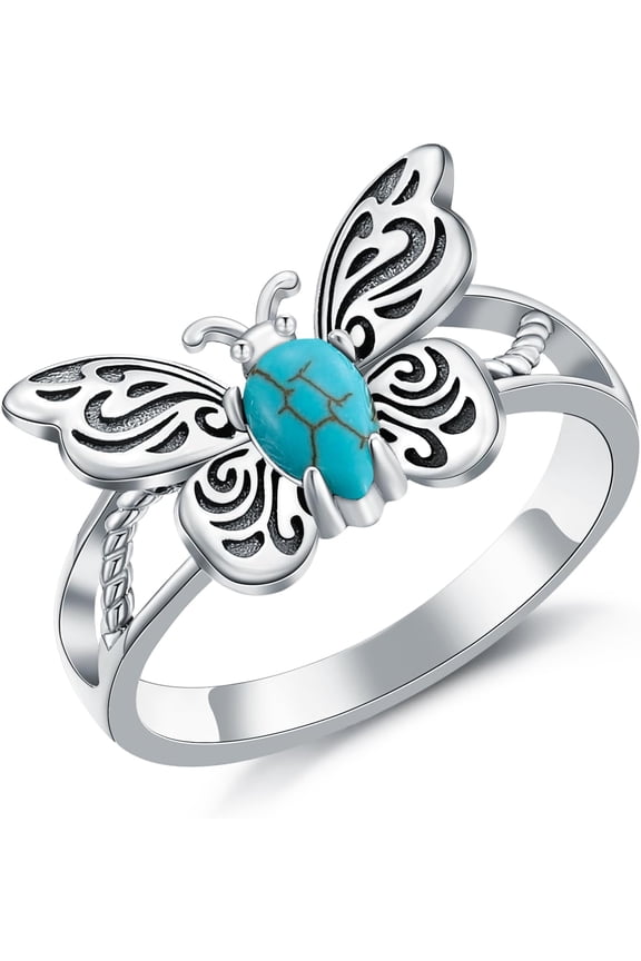 Butterfly Ring for Women 925 Sterling Silver Natural Turquoise Butterfly Ring Victorian Style Western Promise Statement Ring Turquoise Jewelry Gifts for Mom Wife