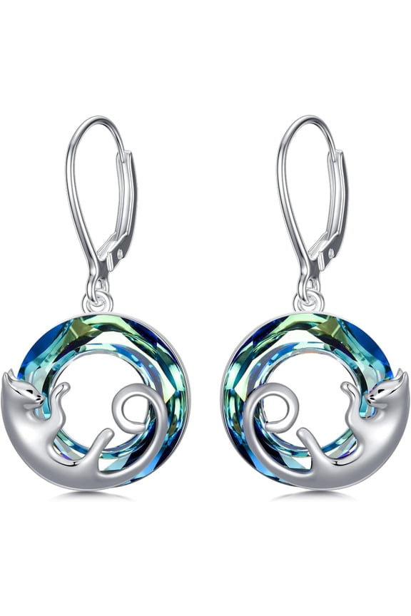Cat Earrings Sterling Silver Dangle Drop Leverback Earrings with Color-change Circle Crystal, Cat Jewelry Gifts for Cat Lovers