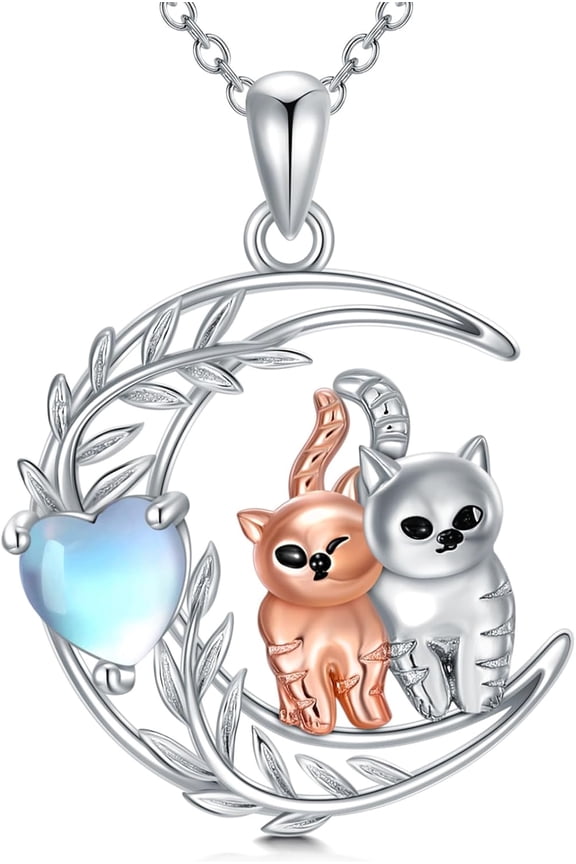 Cat Necklace 925 Sterling Silver Heart Gemstone 2 Cat Friendship Necklace Crescent Leaf Pendant Moss Agate Opal Moonstone Jewelry Gifts for Women Animal Lovers