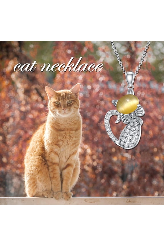 Cat Pendant Necklace Cat's Eye Gemstone Cat Necklace Sterling Silver Jewelry Gift for Women
