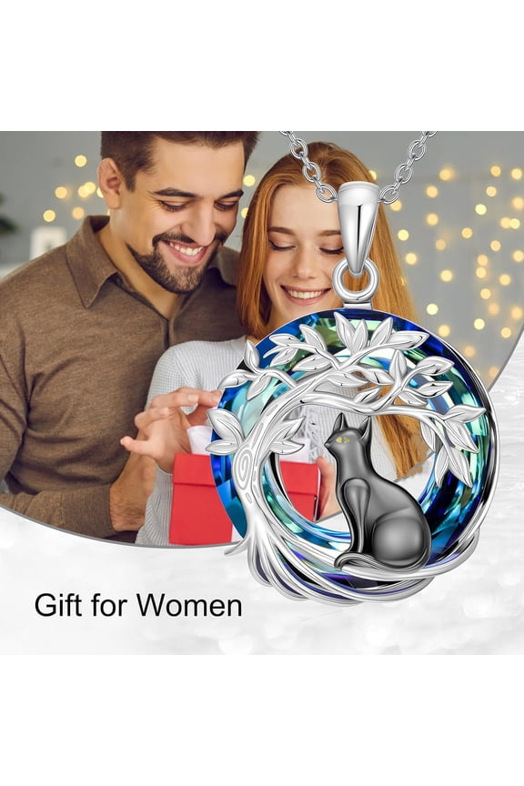 Cat Tree Crystal Necklace Sterling Silver Tree of Life Cat Pendant Necklace Jewelry Gift for Women
