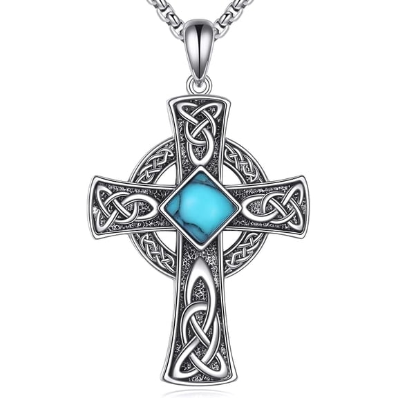 THOYAS Celtic Viking Irish Cross Onyx Turquoise Necklace 925 Sterling Silver Religious Protective Vintage Knot Viking Irish Pendant Christmas St Patrick Day for Men Father,22+2 inches chain
