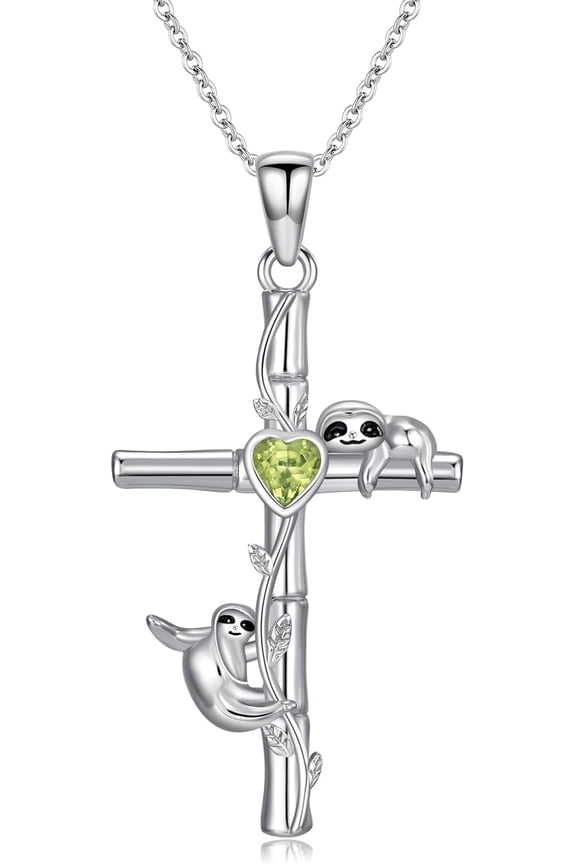 Cross Sloth Necklace for Women 925 Sterling Silver Natural Peridot Animal Cross Necklace Sloth Cross Pendant Sloth Charms Jewelry Gifts for Mom Wife