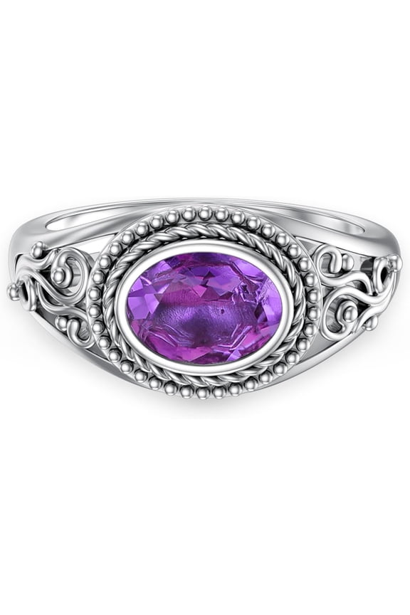 East-West Natural Amethyst Promise Ring for Women 8 * 6mm Oval Shaped Healing Amethyst Rings 925 Sterling Silver