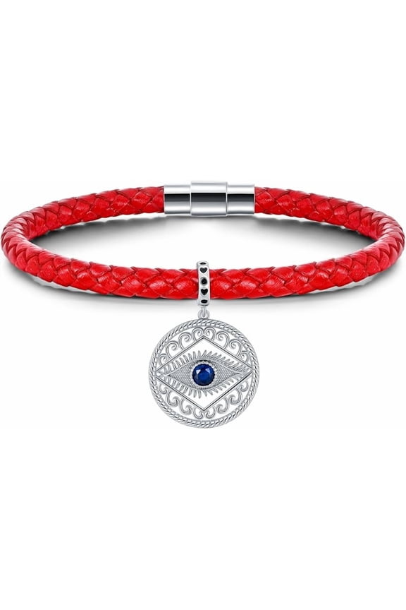 Evil Eye Hamsa Hand Protection Bracelet for Women 925 Sterling Silver Evil Eye Charm on Red Leather Evil Eye Bracelet Birthday Anniversary Friendship Gift