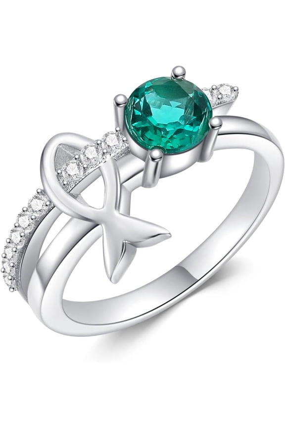 Fish Design Ring in 925 Sterling Silver with Round-Cut Lab-Created Emerald for Women