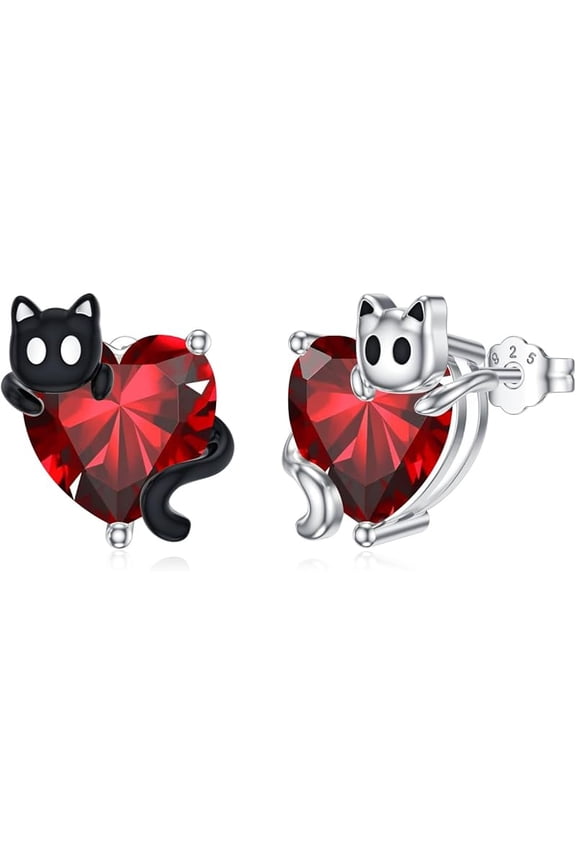 Gemstone Cat Earrings for Women 925 Sterling Silver White and Black Cat Stud Earrings with Genuine Gemstone Jewelry Gifts
