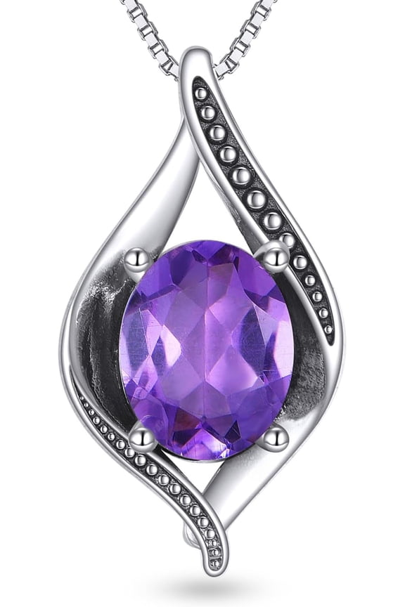 Genuine Amethyst Necklace for Women Oval Shaped Real Amethyst Pendant 925 Sterling Silver Vintage Natural Amethyst Jewelry Gift for Wife Mom