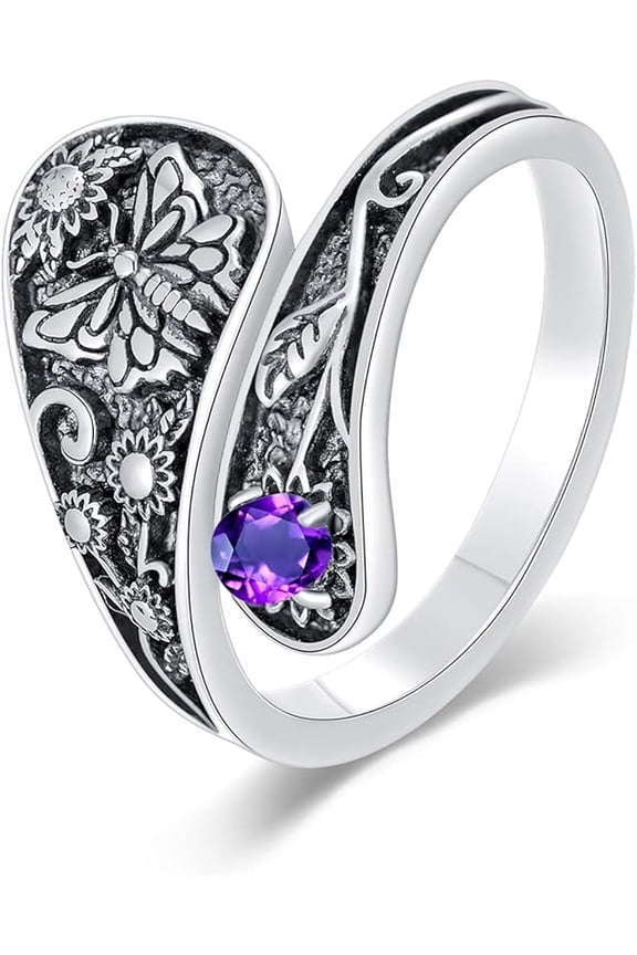 Genuine Amethyst Spoon Ring for Women 925 Sterling Silver Butterfly/Bee/Dragonfly/Eagle/Bird Spoon Rings Real Amethyst Jewelry for Her Wife
