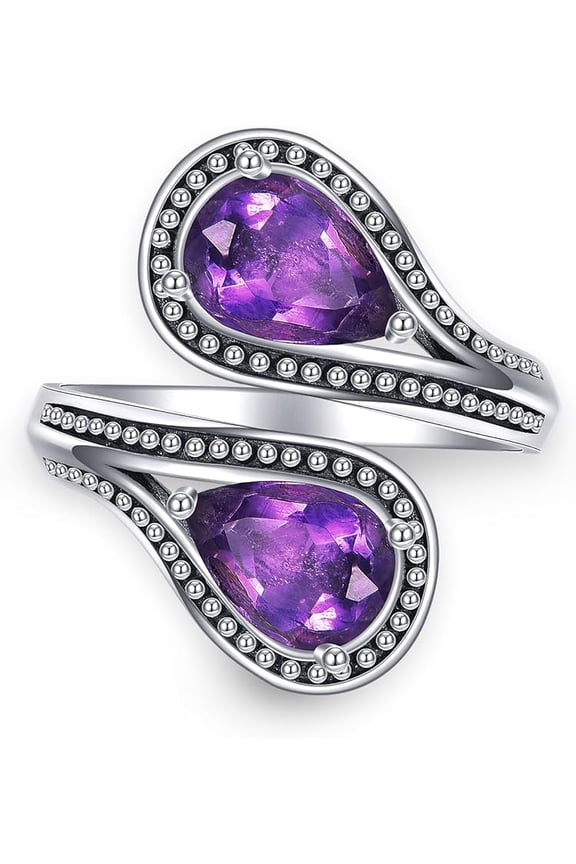 Genuine Amethyst Spoon Rings for Women 925 Sterling Silver Real Amethyst Open Adjustment Ring Flower Leaf Vintage Jewelry for Her Wife Mom