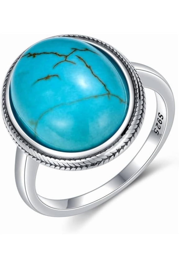 Genuine Turquoise Ring, Sterling Silver Boho Vintage Nature Native Round December Birthstone Rings for Women, Sizes 4 to 12