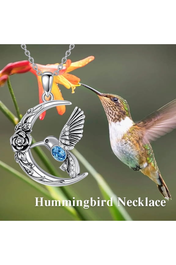 Hummingbird Necklace Sterling Silver Bird Pendant for Women Mom Lover Embellished with Blue Crystal