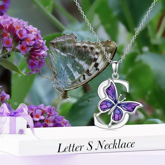 THOYAS Initial Necklace for Women 925 Sterling Silver Purple Butterfly with A-Z 26 Letters Pendant Necklace for Graduation Gifts