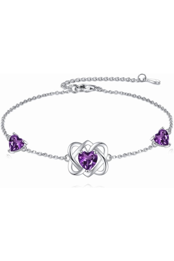 Irish Knot Heart Shaped Birthstone Bracelet 925 Sterling Silver Trinity Love Knot Gemstone Adjustable Bracelet for Anniversary Women Gifts