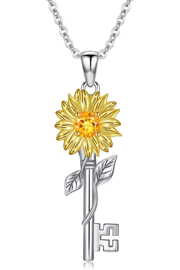 Key Necklaces for Women 925 Sterling Silver Natural Citrine Flower Key Pendant Necklace Pendant Western Jewelry Gifts for Mom Wife