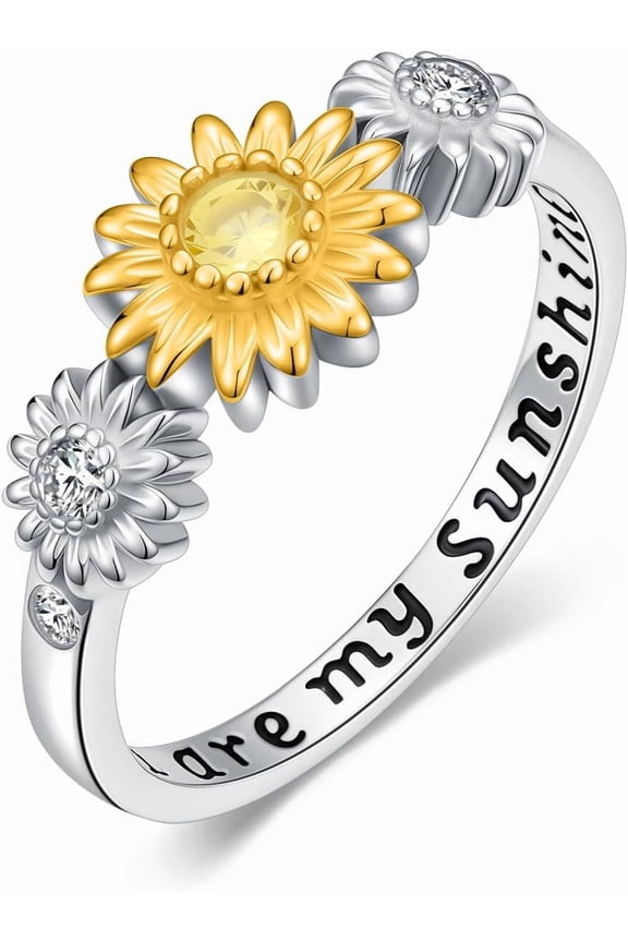 Lab Grown Diamond Sunflower Rings for Women,18K Gold Plated 925 Sterling Silver Three Sunflower Stacking Statement Band Jewelry Gifts for Graduation Birthday | You are My Sunshine