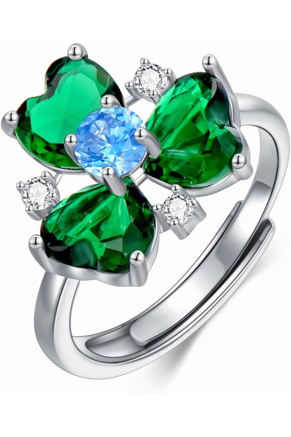 Lucky Clover Ring 925 Sterling Silver Heart Shaped Colored Crystal Statement Ring for Women Adjustable