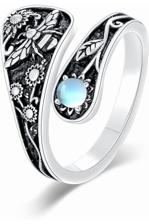 Moonstone Spoon Rings for Women 925 Sterling Silver Butterfly/Bee/Dragonfly Open Adjustment Ring with Moonstone June Birthstone Jewelry Gift