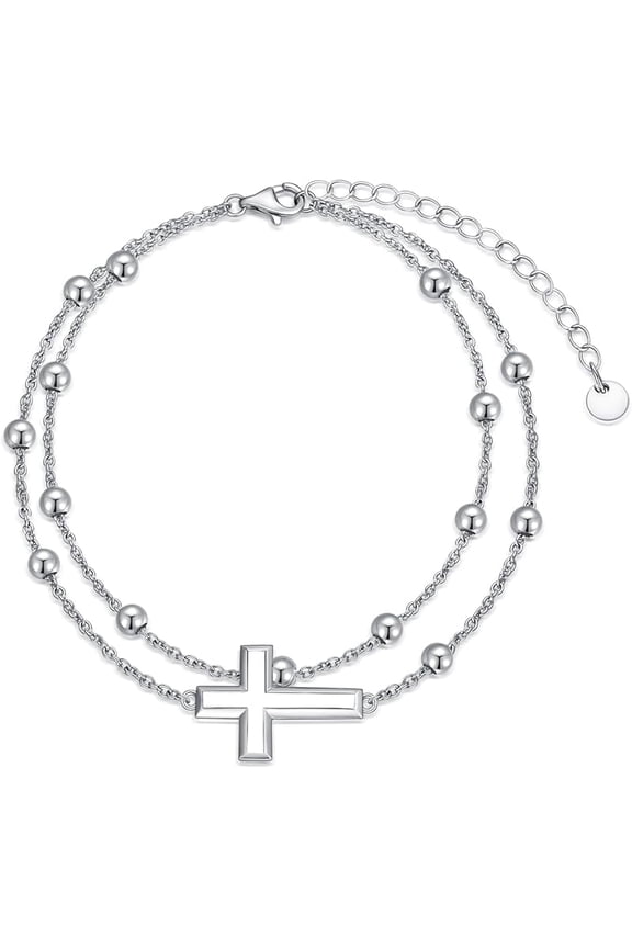 Mother's Day Gift 925 Sterling Silver Cross/Heart/Infinity/Angel Wing Adjustable Anklets Bracelets Gifts for Women, Silver Double Chain Rosary Ankle Bracelet Jewelry Gift for Women