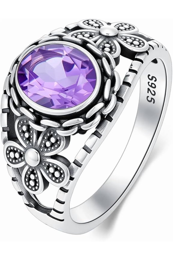 Natural Amethyst Rings for Women Oxide/18K White Gold Plated S925 Sterling Silver Round Purple Healing Crystal Gemstone Birthstone Statement Ring Jewelry for Mom Girlfriend in Size