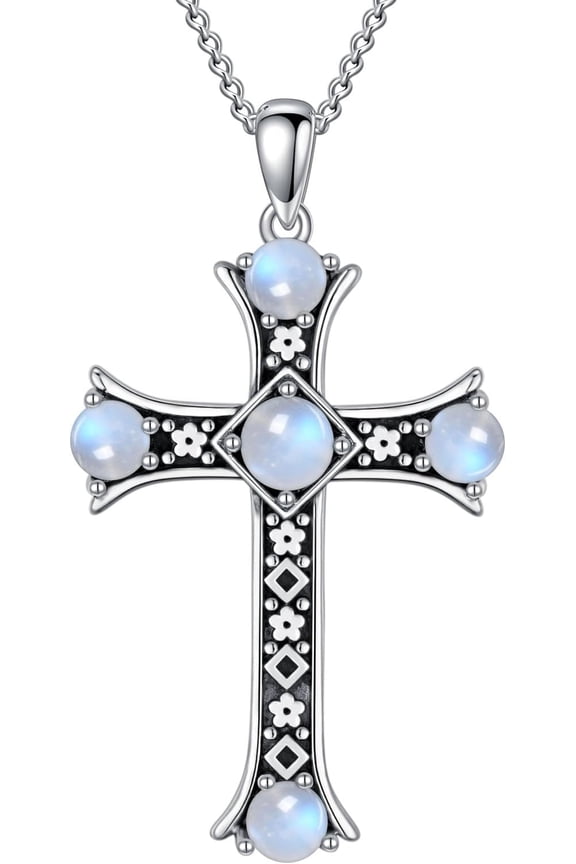 Natural Moonstone Cross Necklace for Women 925 Sterling Silver Blue Moonstone Cross Pendant June Birthstone Boho Jewelry Gift for Wife Mom