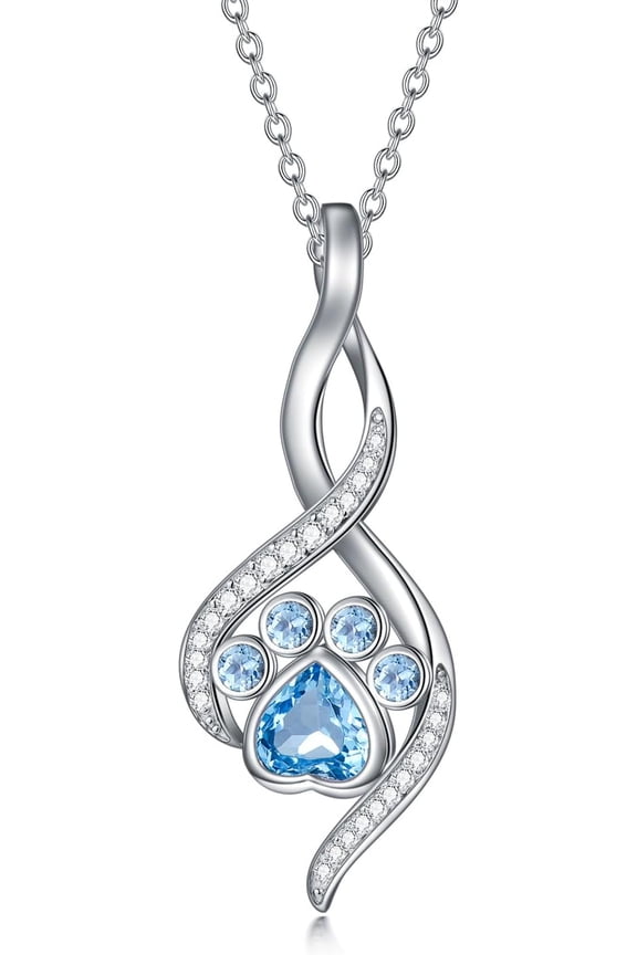 Natural Topaz Paw Print Necklace for Women 925 Sterling Silver Swiss Bule Topaz Dog or Cat Paw Print Pendant Necklace Dog Cat Charms Pendant Pet Animal Jewelry for Pet Lover