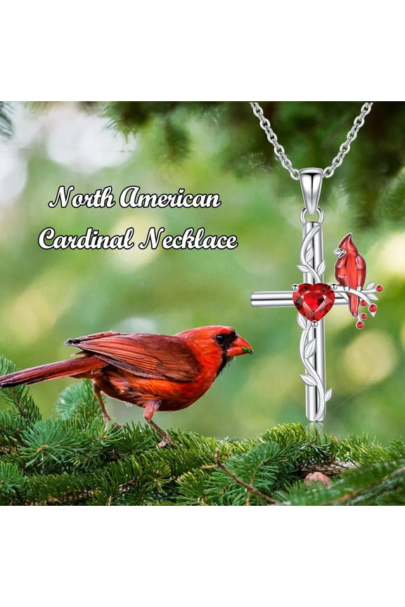 Red Cardinal Bird Necklace for Women Garnet 925 Sterling Silver Cardinal Cross Pendant Ladies Necklaces Jewelry Easter Gifts for Mom