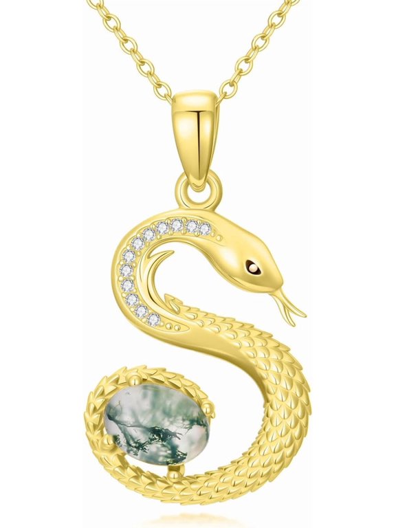 Snake Necklace 14K Gold Plated Natural Moss Agate Gold Snake Pendant Necklace - Dainty Oval Green Agate Serpent Jewelry Gifts for Women Animal Lovers 18+2"