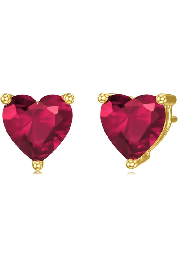 Solid 14K Yellow Gold Heart Shaped Birthstone Stud Earrings for Women 6MM Solitaire Simulated Garnet/Emerald/Ruby Stud Earrings with Push Backs