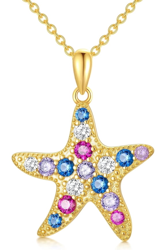 Starfish Necklaces For Women 18k Gold Plated Silver Ocean Sea Pendant Necklace With Colorful Cubic Zircon Gemstone Pendant