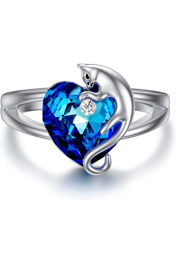 Sterling Silver Cat Ring with Heart Crystal - Cat Gifts