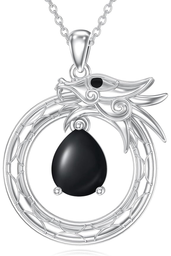 Sterling Silver Dragon Women Necklace Pear Black Onyx Gemstone Irish Pendant Necklace Dragon for Women Bridal Vintage Punk Christmas Jewelry Valentine's Day Gift