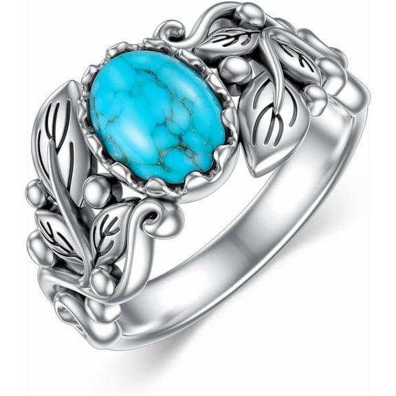 THOYAS Sterling Silver Leaf Turquoise Ring - Vintage Inspired Oval Gemstone Jewelry Gift for Women, Wife, Mom