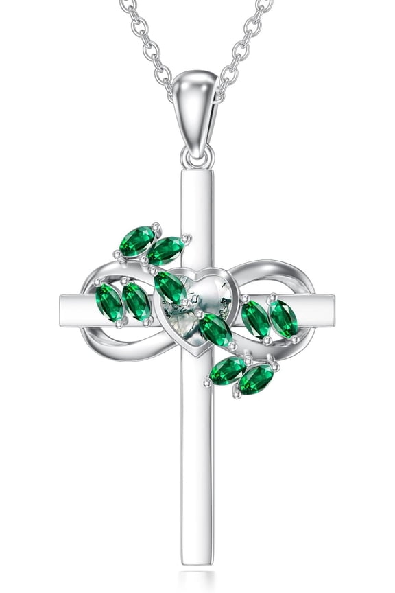 Sterling Silver Women's Cross Faith Pendant Necklace Heart-shaped Moss Agate Necklace Moss Agate Gemstone Pendant for Women Vintage Jewelry Birthday Christmas Valentine's Day Gift