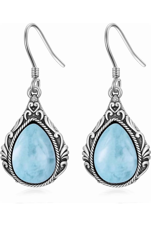 Turquoise/Lapis Lazuli/Malachite/Larimar/Moss Agate/Moonstone 925 Sterling Silver Pear Shaped Teardrop Filigree Vintage Dangle Drop Earrings for Women
