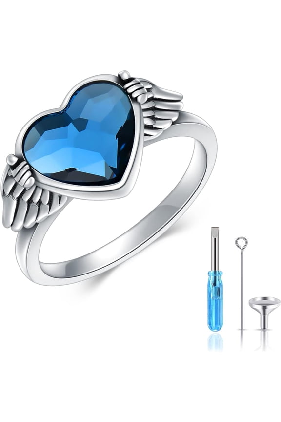 Urn Ring for Ashes 925 Sterling Silver Hold You in My Heart Angel Wings with Blue Crystal Heart Cremation Memorial Keepsake Jewelry Size 6-10