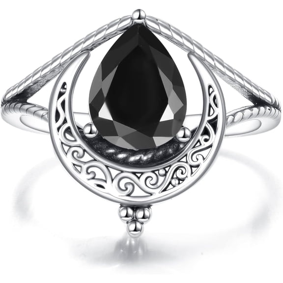 THOYAS Vintage Moon Ring 925 Sterling Silver Retro Filigree Crescent Teardrop Black Stone Ring Jewelry Gifts for Women US Size 5-13