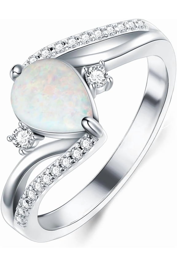 White Opal Engagement Rings for Women 925 Sterling Silver with Teardrop Synthetic Gemstones Dainty CZ Ring Jewelry for Promis Weddings