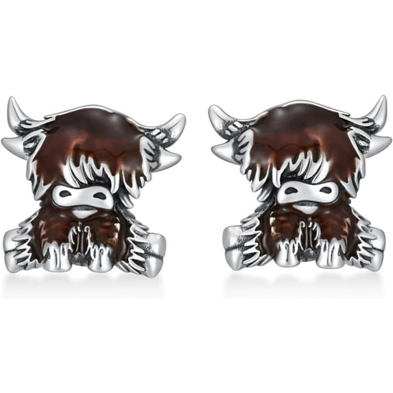 THOYAS Women's 925 Sterling Silver Oxidized Highland Cow Drop Glue Stud Earrings Unique Vintage Style Jewelry for Daily Wear Special Design Earring