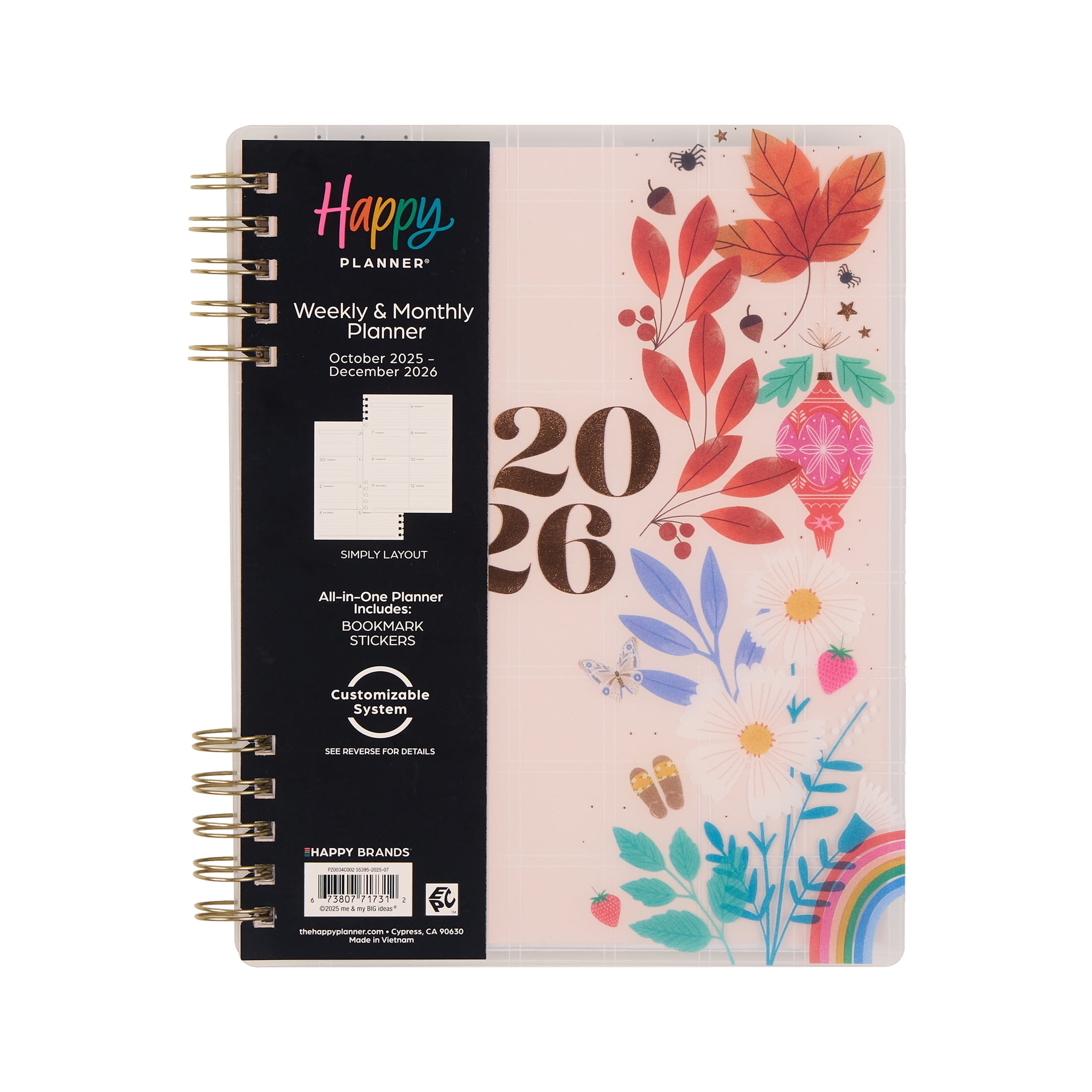 Happy Planner Monthly Weekly Classic Planner (7 x 9.25) Sweet Seasonal Classic, 15-Month October 2025-December 2026, customizable metal twin loop