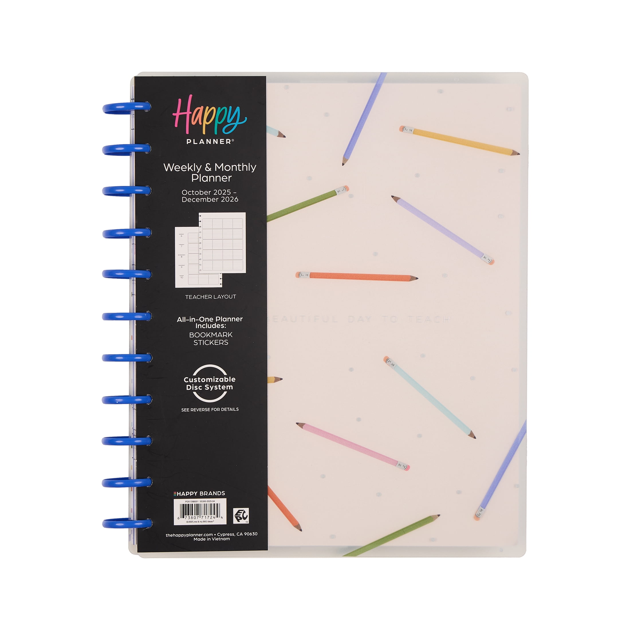 Happy Planner Monthly Weekly Big Planner (8.5" x 11")Teacher Notes, 15-Month October 2025-December 2026, customizable disc bound