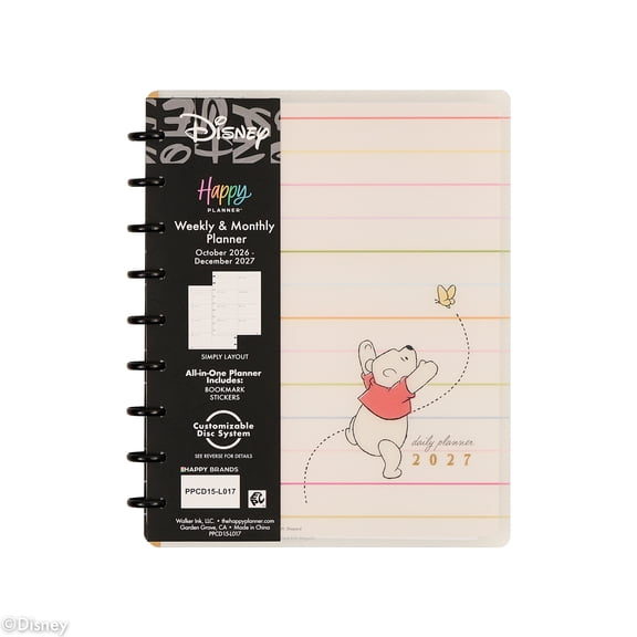 Happy Planner No Bothers Pooh Stripe Classic Simply Layout Monthly Weekly Planner (7 x 9.25) 15-Month October 2026-December 2027, Disc Bound