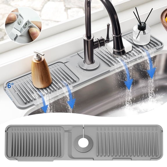 THRCIFLO 24 Inch Faucet Mat for Kitchen Sink Splash Guard Behind the Faucet, Silicone Sink Protectors for kitchen Sink Sponge Holder w/ Snap Button, 6 Slope Draining Mat for Sink Water Splash Guard