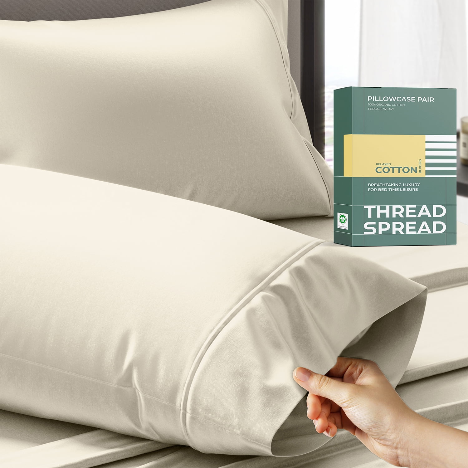 Thread Spread 100 Organic Cotton Percale Pillow Cases King Size Set of 2 Cotton Percale Pillowcases King Soft Cooling Pillow Cases for Sleeping