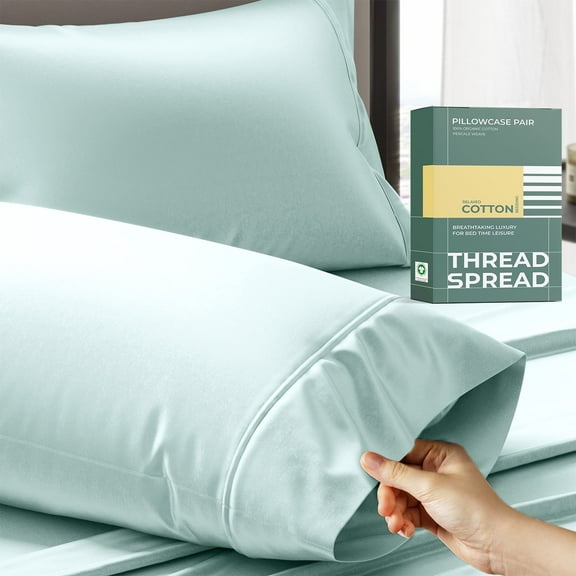 Thread Spread 100% Organic Cotton Pillow Cases Set of 2 Queen / Standard Size - Soft, Cooling, Crisp & Breathable Organic Cotton Percale Weave Pillowcase for Queen Pillow (Sea Foam), GOTS Certified