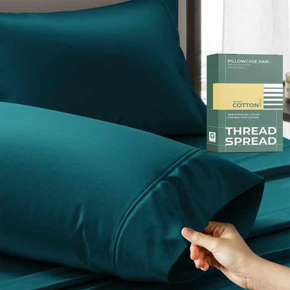 Thread Spread 100% Organic Cotton Pillow Cases Set of 2 Queen / Standard Size - Soft, Cooling, Crisp & Breathable Organic Cotton Percale Weave Pillowcase for Queen Pillow (Teal), GOTS Certified
