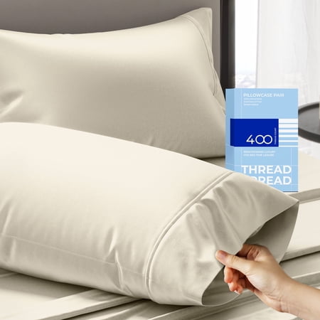 THREAD SPREAD 100% Cotton Pillowcases Standard / Queen Size Sets of 2 - 400 Thread Count Cotton Pillowcases, Ultra Soft Cooling Sateen Weave Pillow Cases for Sleeping, Set of 2 Pillow Covers (Ivory)